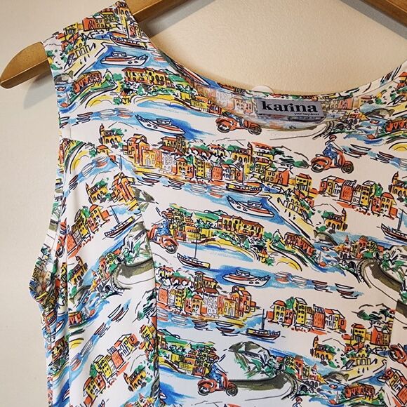 Vintage Karina Dress Italian Venice Scenic Print Vacation Boho Womens Large - Picture 4 of 16